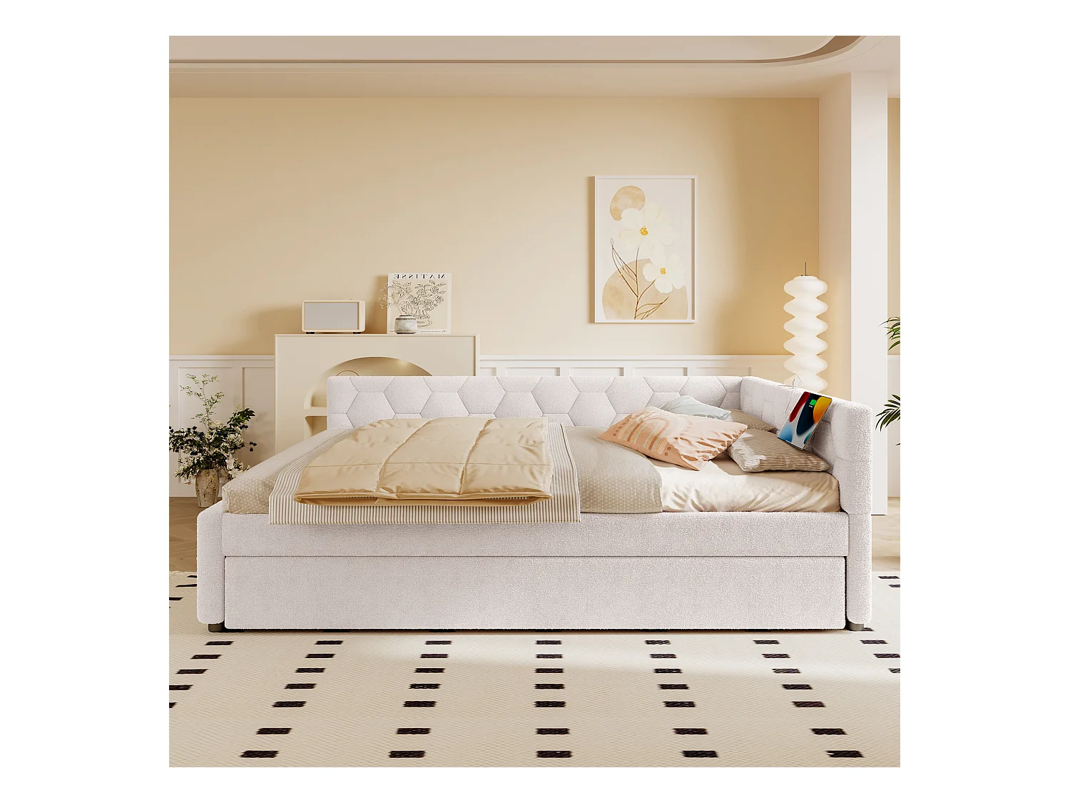 Lit gigogne 140x200 - Lit adulte avec recharge USB et lampe de chevet - velours blanc - sans matelas