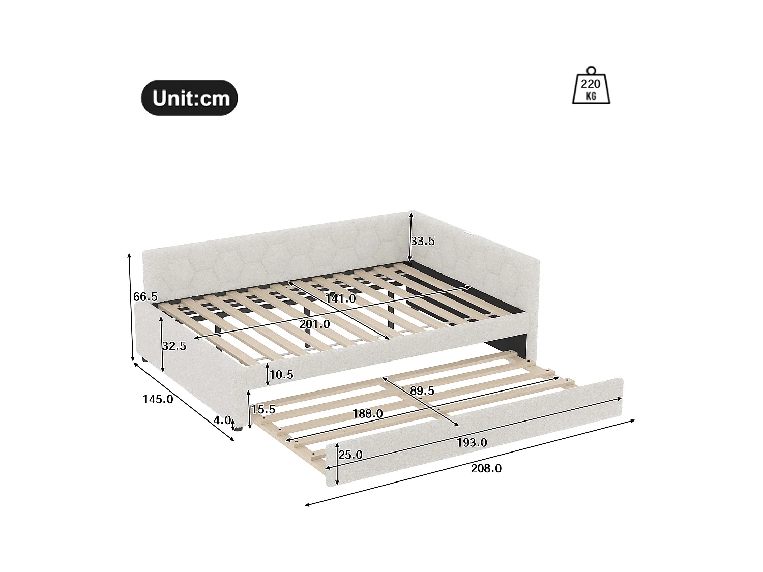 Lit gigogne 140x200 - Lit adulte avec recharge USB et lampe de chevet - velours blanc - sans matelas
