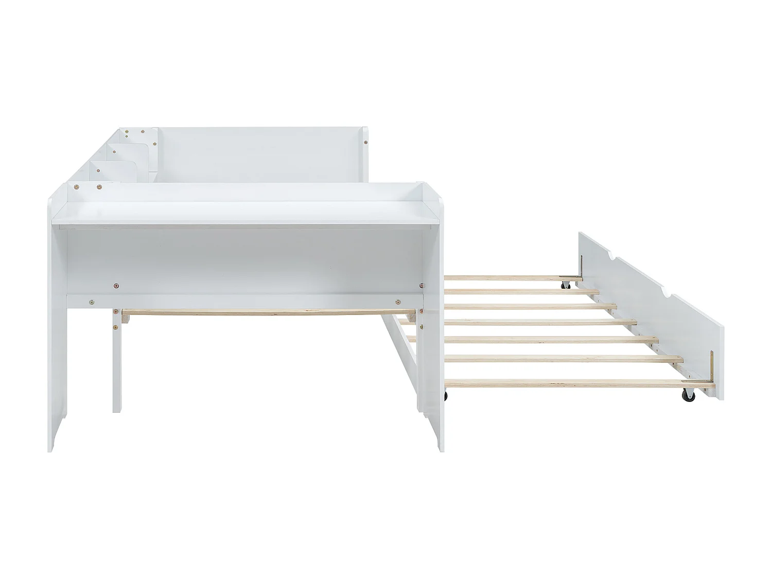 Łóżko wysuwane 90x200 cm - łóżko dziecięce z biurko i 3 półki - otwarta przestrzeń do przechowywania - białe drewno