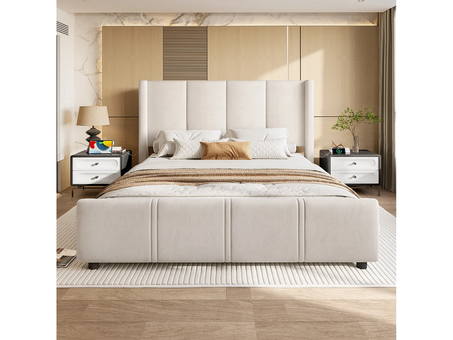 Erwachsenenbett 160x200 cm - Bettgestell mit USB-Ladefunktion und Kopfteil - beige - ohne matratze