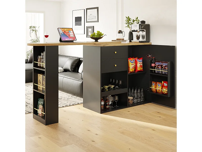 Mueble bar giratorio - 204 x 39 x 104 cm - con 2 cajones y 1 puerta - 5 espacios de almacenamiento abiertos - negro