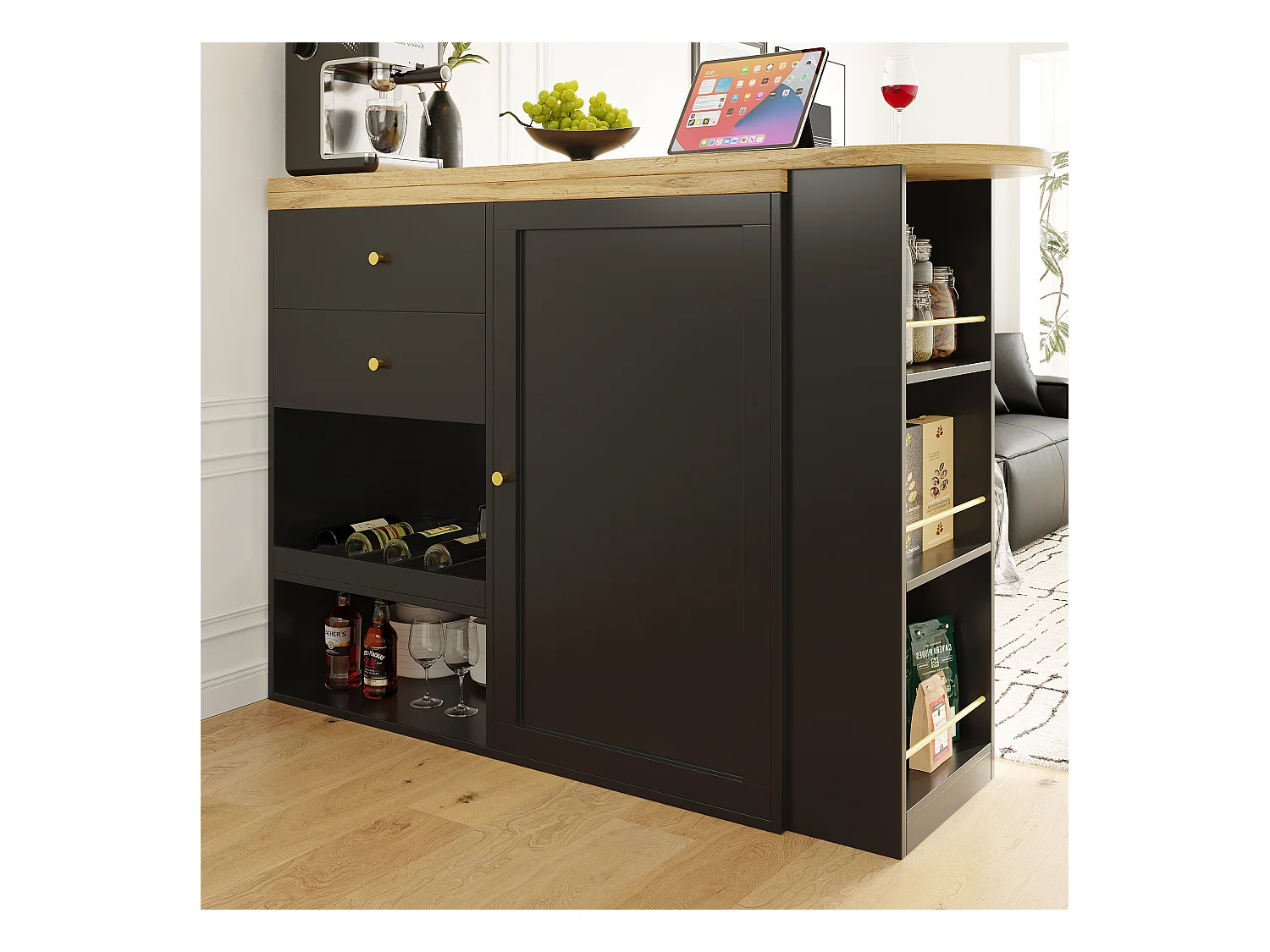 Meuble de bar rotatif - 204 x 39 x 104 cm - avec 2 tiroirs et 1 porte - 5 espaces de rangement ouverts - noir