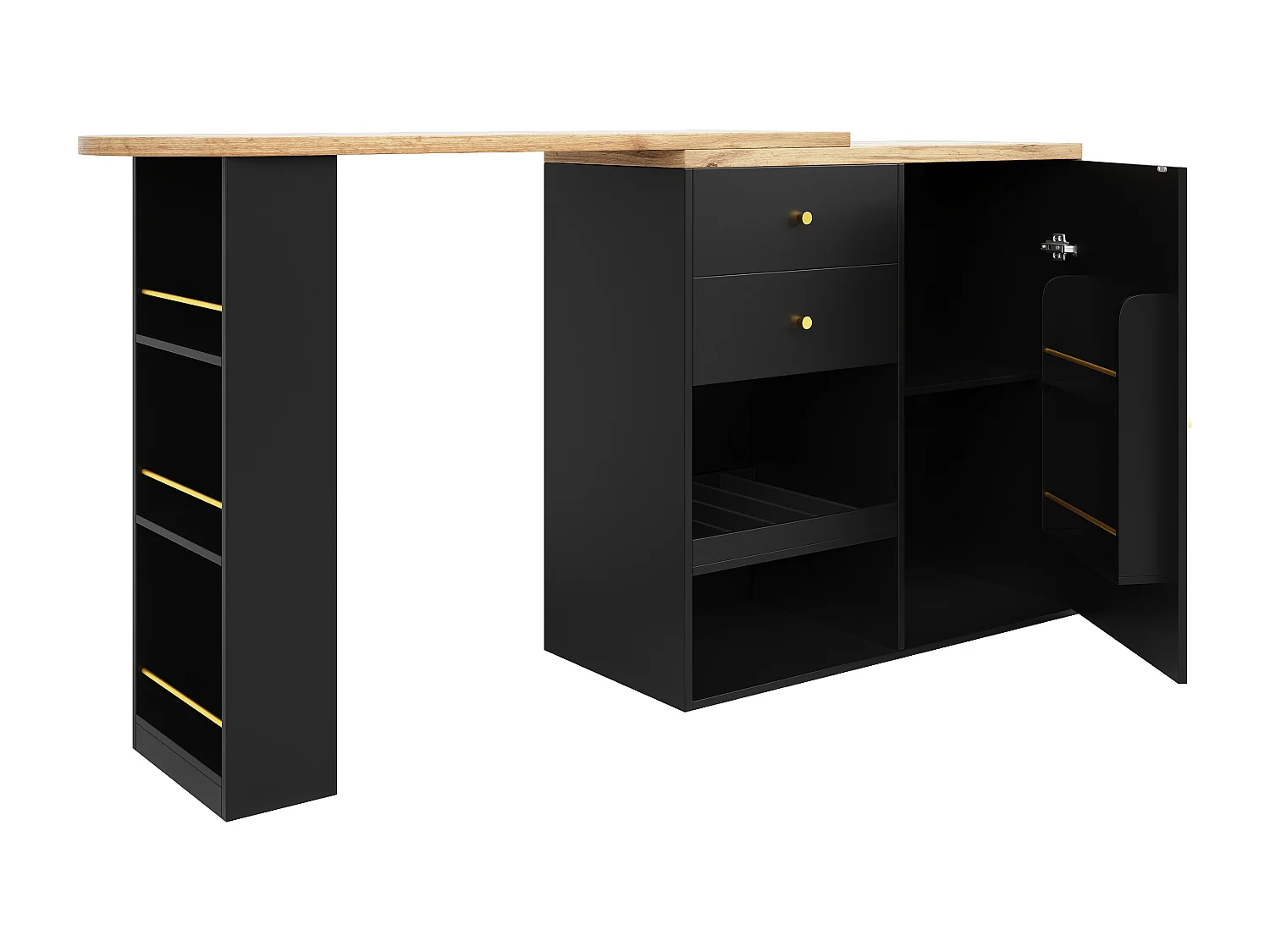 Drehbarer Barschrank - 204 x 39 x 104 cm - mit 2 Schubladen und 1 Tür - 5 offene stauräume - schwarz