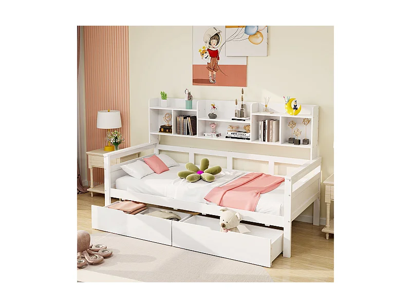 Kinderbett 90x200 cm - Bettgestell mit Schubladen und Regalen - holz weiß - ohne matratze