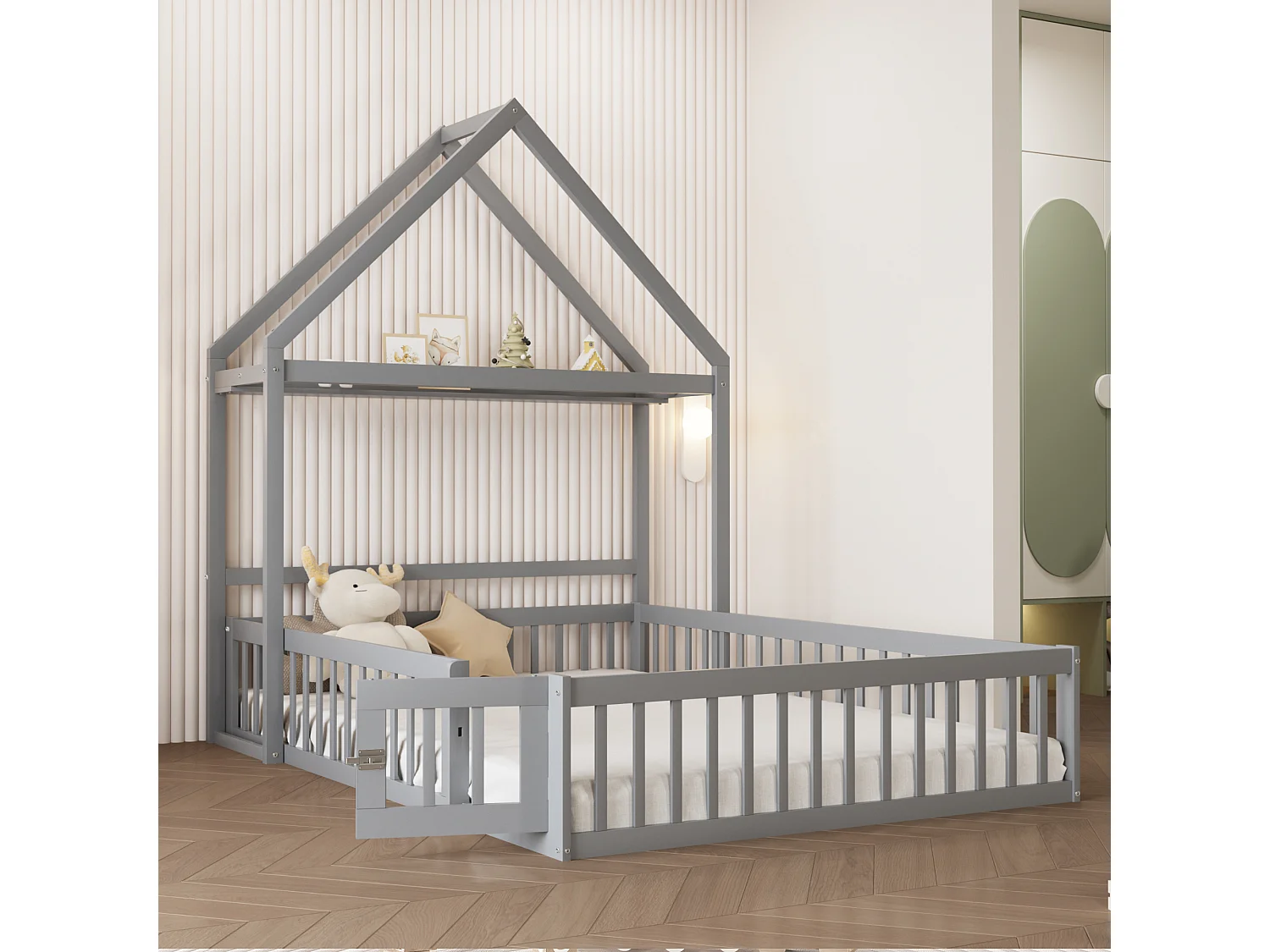 Lit enfant 140 x 200 cm - Cadre de lit avec rangement et porte de sécurité - bois gris - sans matelas