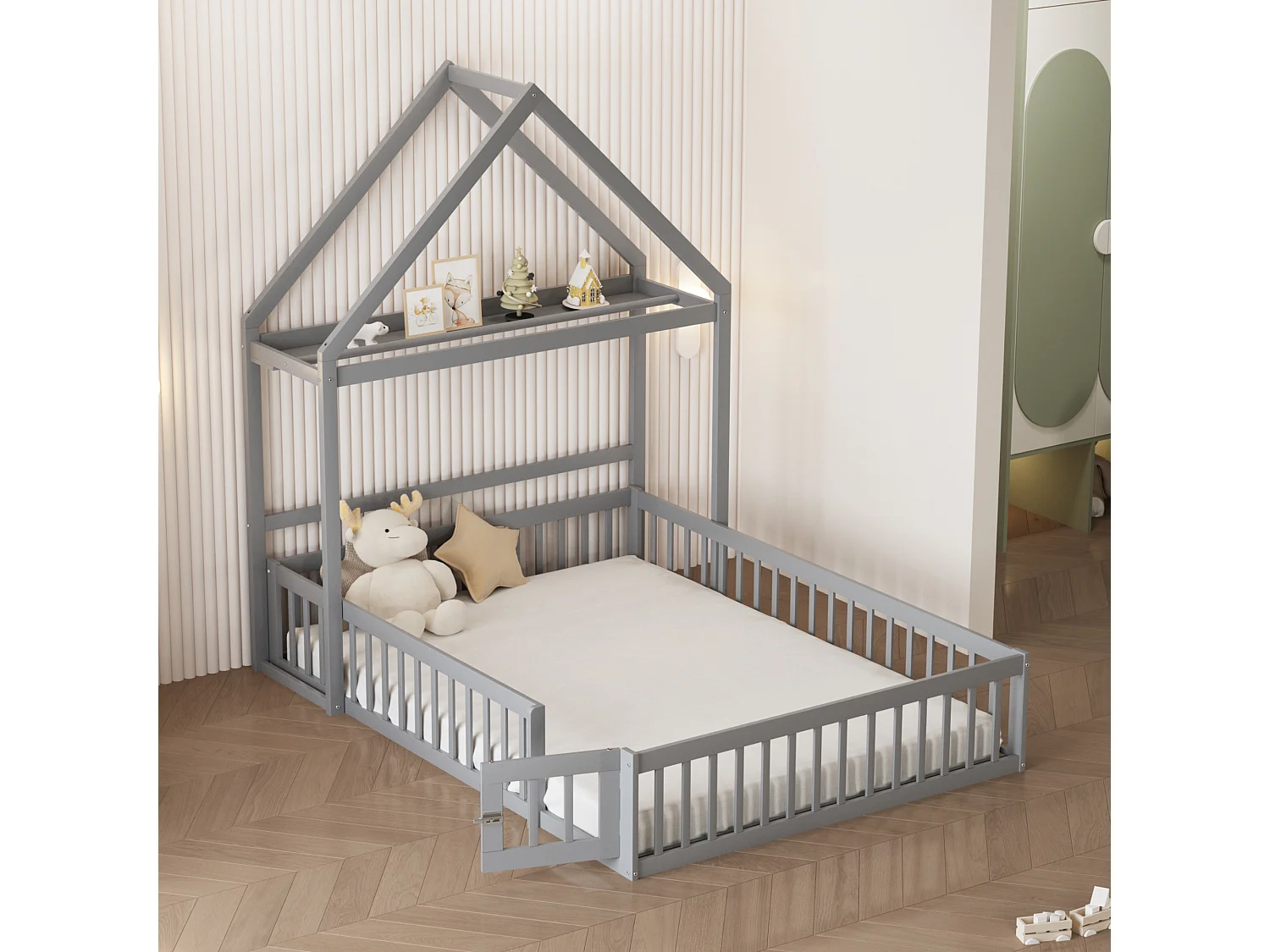 Lit enfant 140 x 200 cm - Cadre de lit avec rangement et porte de sécurité - bois gris - sans matelas