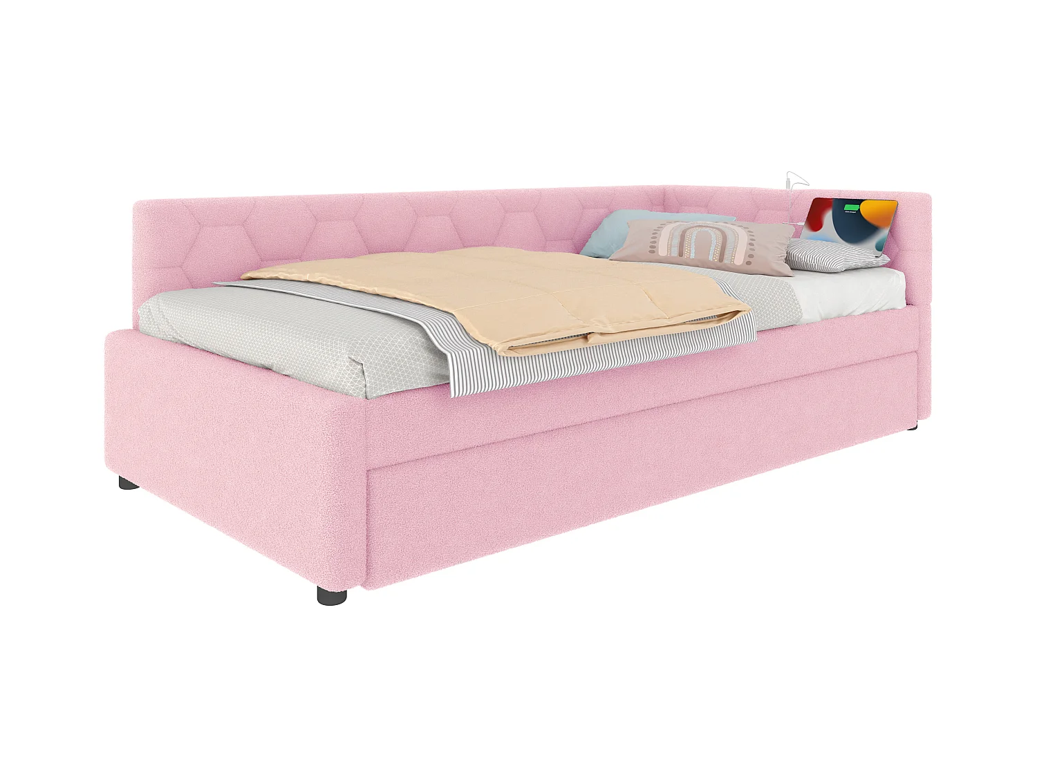 Lit gigogne 90x200 - Lit enfant avec recharge USB et lampe de chevet - velours rose- sans matelas