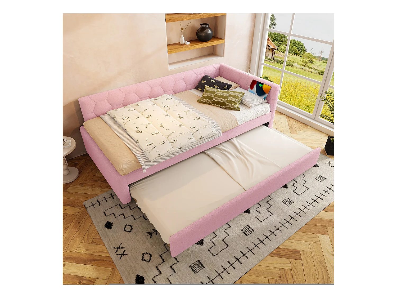 Lit gigogne 90x200 - Lit enfant avec recharge USB et lampe de chevet - velours rose- sans matelas
