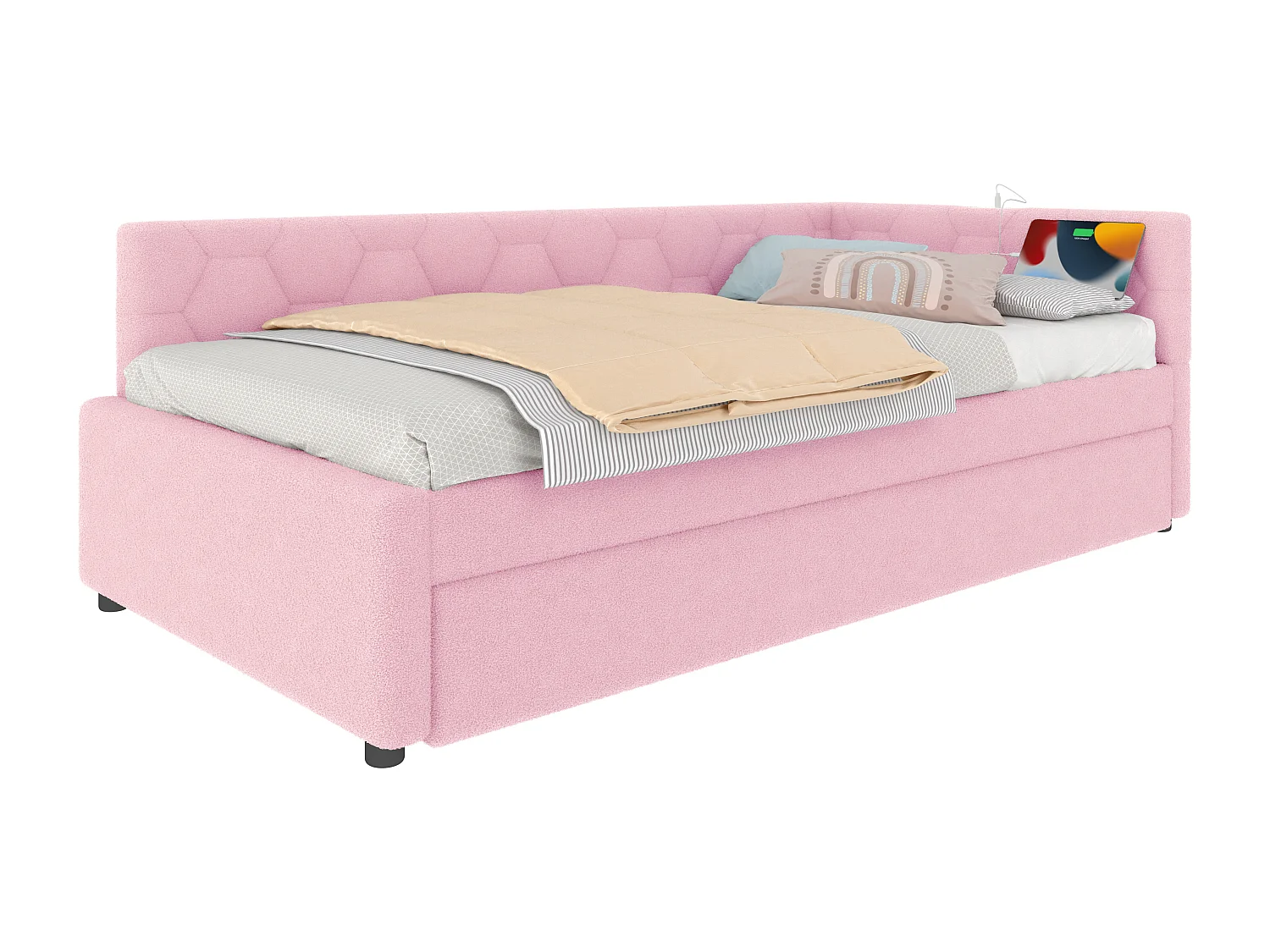 Ausziehbett 90x200 - Kinderbett mit USB-Ladefunktion und Nachttischlampe - rosa samt - ohne matratze