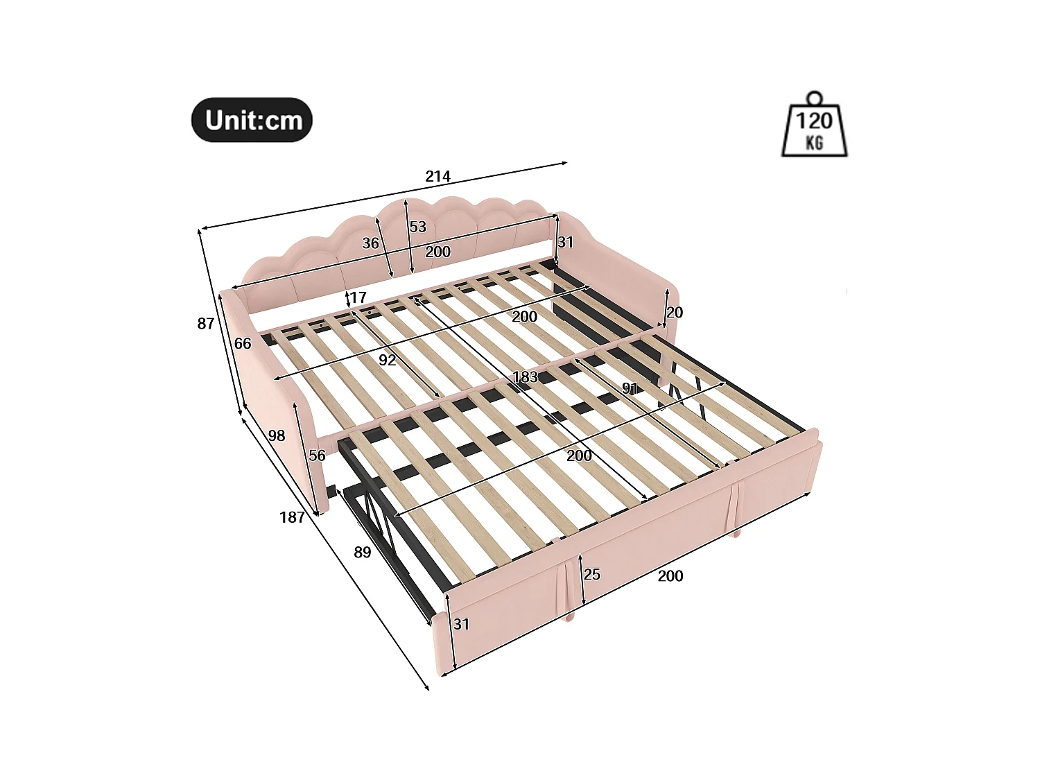 Cama de casal 90x200 cm - Sofá-cama com iluminação LED e braços - veludo rosa - sem colchão