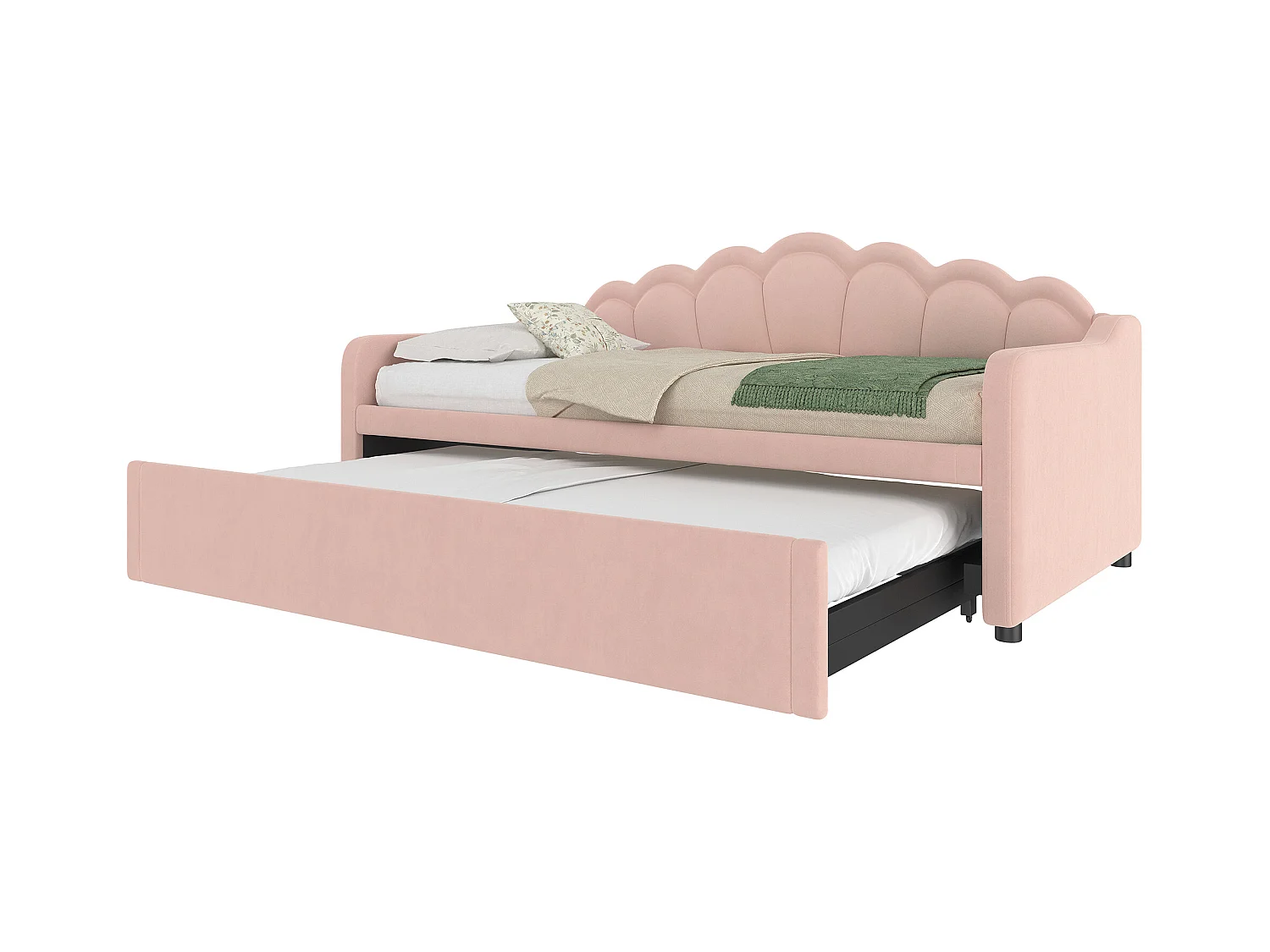 Łóżko wysuwane 90 x 200 cm - Sofa rozkładana z oświetleniem LED i podłokietnikami - różowy aksamit - bez materaca