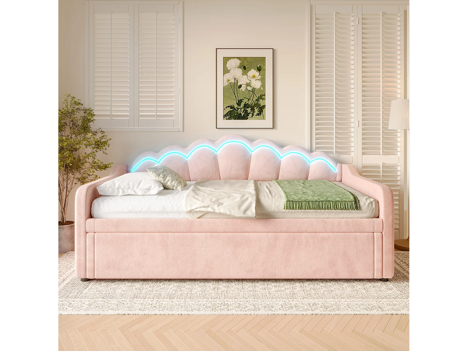 Letto estraibile 90x200 cm - Divano trasformabile con illuminazione a LED e braccioli - velluto rosa - senza materasso