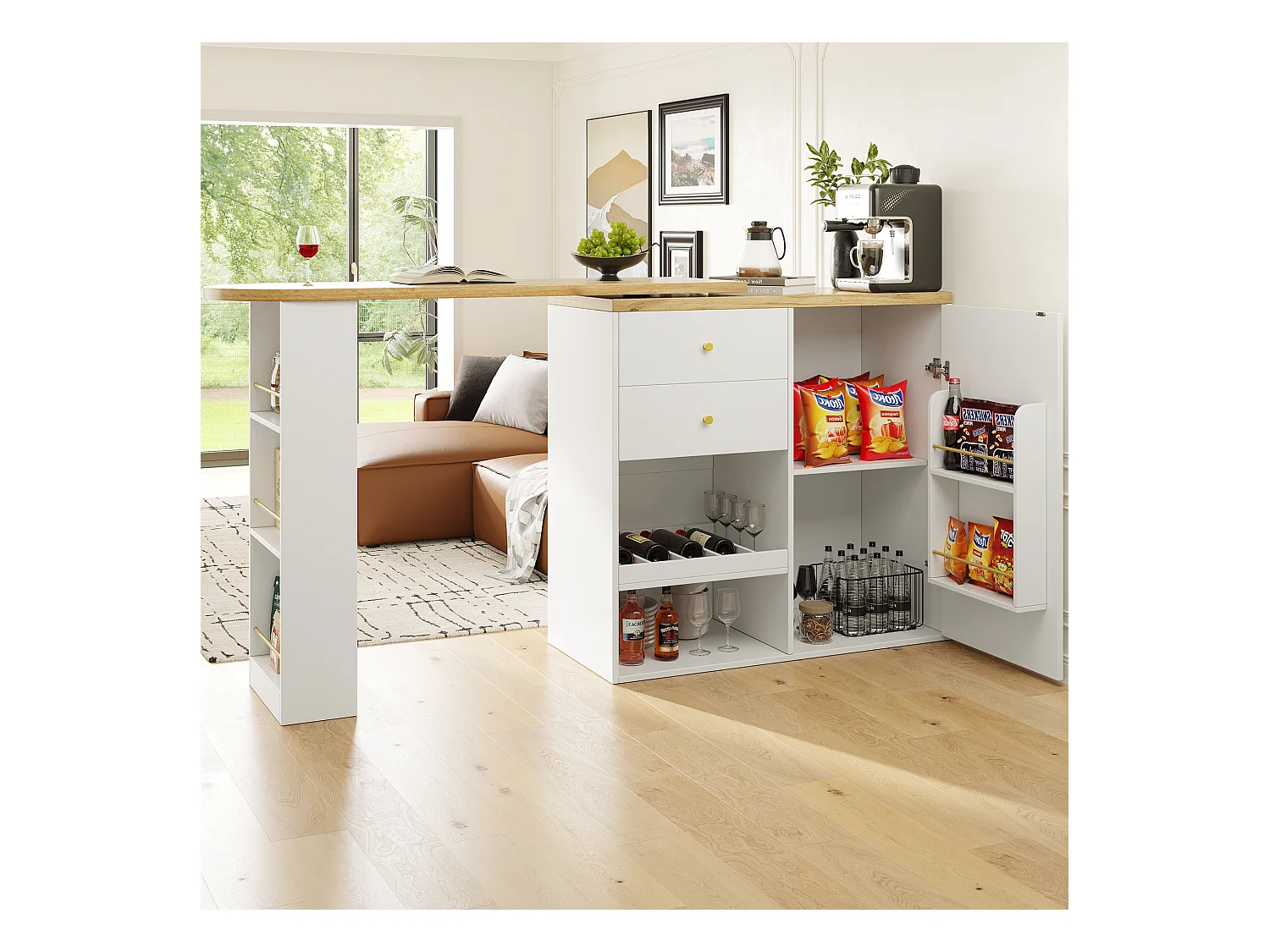 Meuble de bar rotatif - 204 x 39 x 104 cm - avec 2 tiroirs et 1 porte - 5 espaces de rangement ouverts - blanc