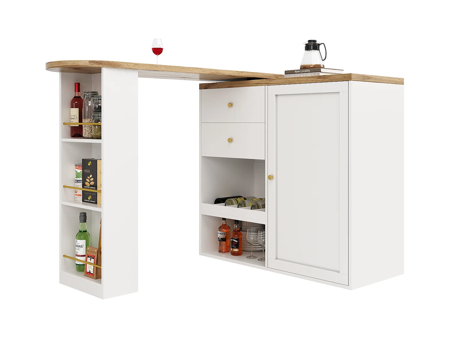 Meuble de bar rotatif - 204 x 39 x 104 cm - avec 2 tiroirs et 1 porte - 5 espaces de rangement ouverts - blanc