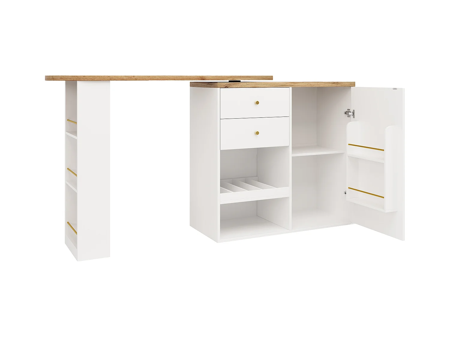 Meuble de bar rotatif - 204 x 39 x 104 cm - avec 2 tiroirs et 1 porte - 5 espaces de rangement ouverts - blanc