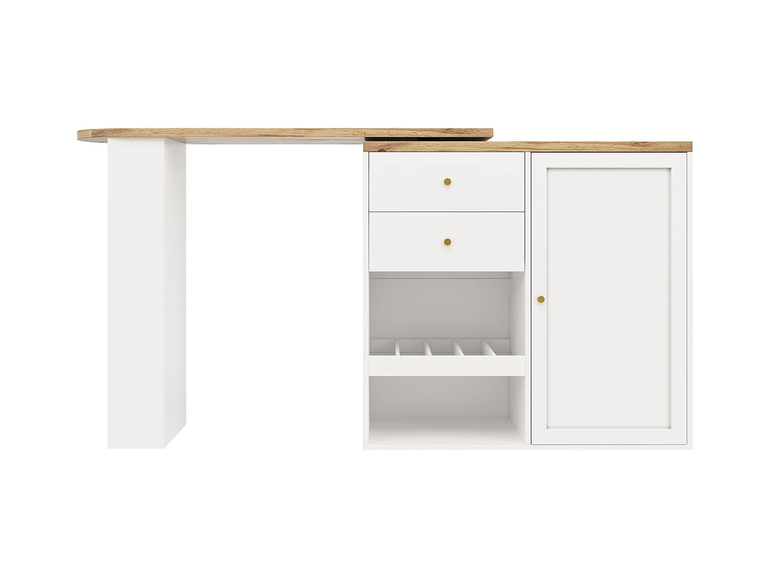 Meuble de bar rotatif - 204 x 39 x 104 cm - avec 2 tiroirs et 1 porte - 5 espaces de rangement ouverts - blanc