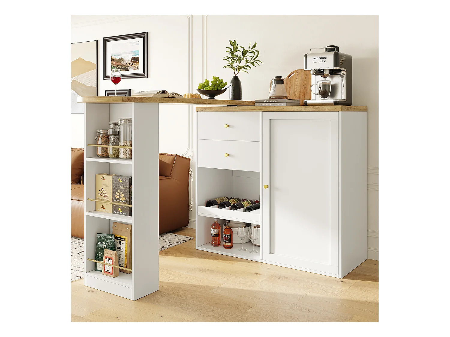 Meuble de bar rotatif - 204 x 39 x 104 cm - avec 2 tiroirs et 1 porte - 5 espaces de rangement ouverts - blanc