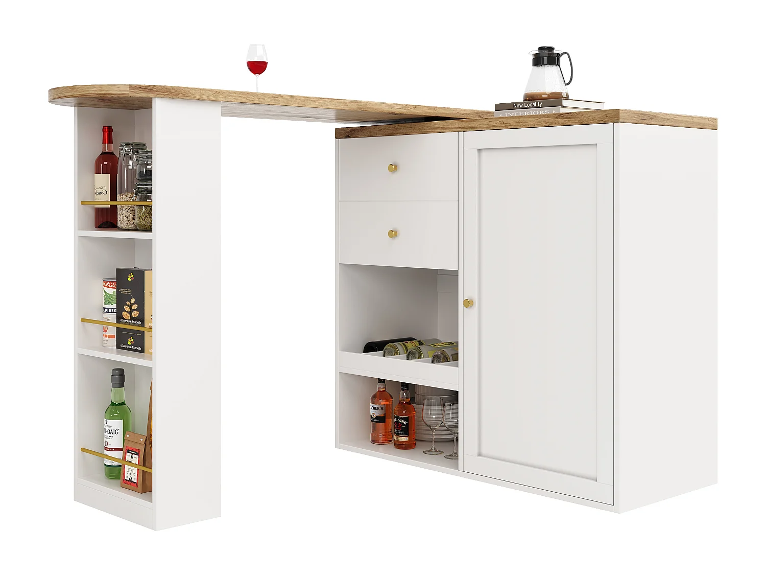 Drehbarer Barschrank - 204 x 39 x 104 cm - mit 2 Schubladen und 1 Tür - 5 offene stauräume - weiß