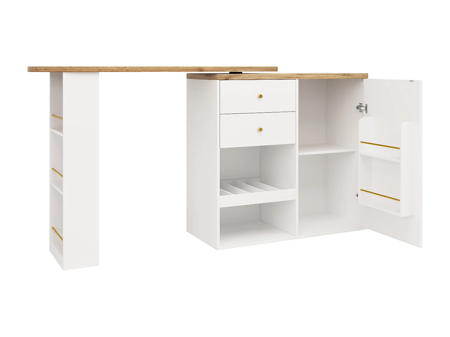 Drehbarer Barschrank - 204 x 39 x 104 cm - mit 2 Schubladen und 1 Tür - 5 offene stauräume - weiß