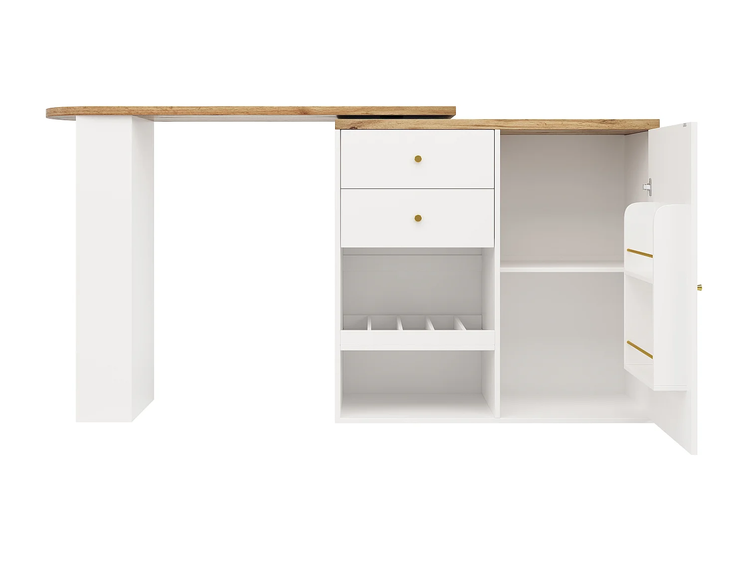 Drehbarer Barschrank - 204 x 39 x 104 cm - mit 2 Schubladen und 1 Tür - 5 offene stauräume - weiß