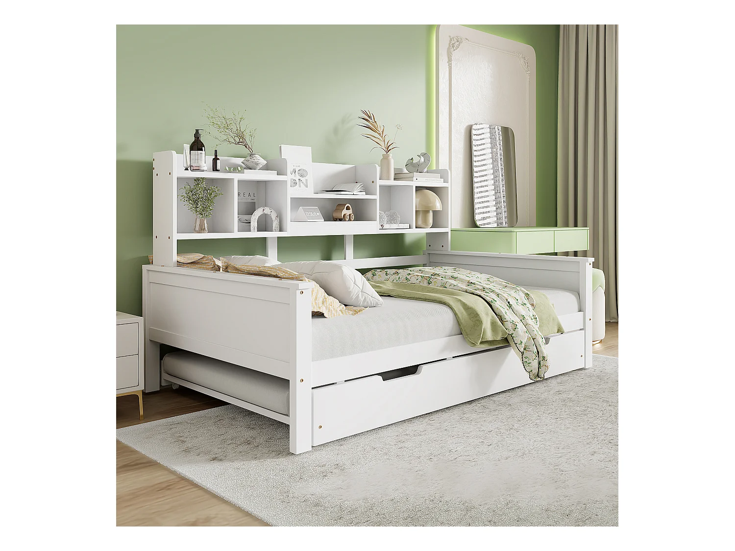 Cama de rodízio 90 x 200 cm - Cama de criança com compartimento de arrumação e estrado de ripas - madeira branca - sem colchão