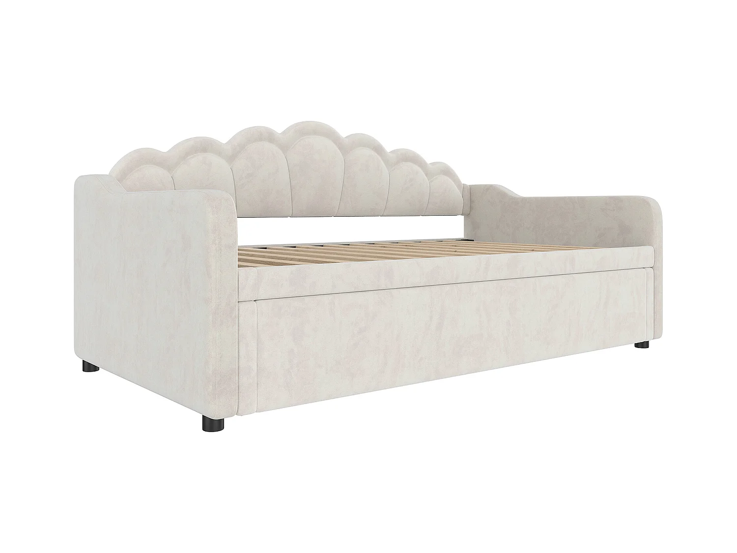 Łóżko wysuwane 90 x 200 cm – sofa rozkładana z oświetleniem LED i podłokietnikami – beżowy aksamit – bez materaca