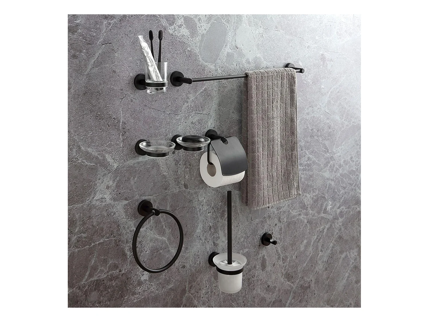 Ensemble de 8 accessoires de salle de bain "Jonas" en métal noir mat pour mur
