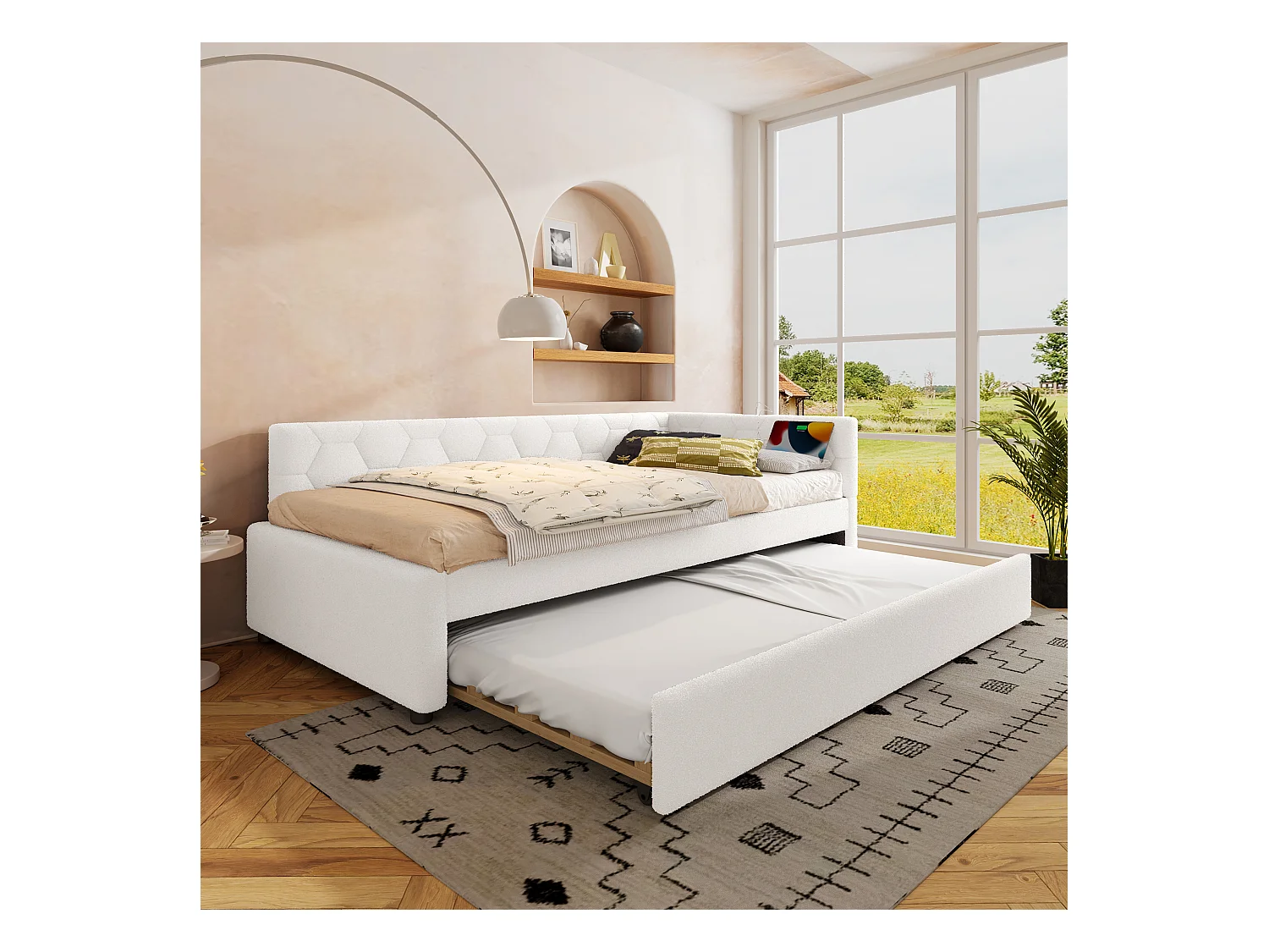 Lit gigogne 90x200 - Lit enfant avec recharge USB et lampe de chevet - velours blanc - sans matelas