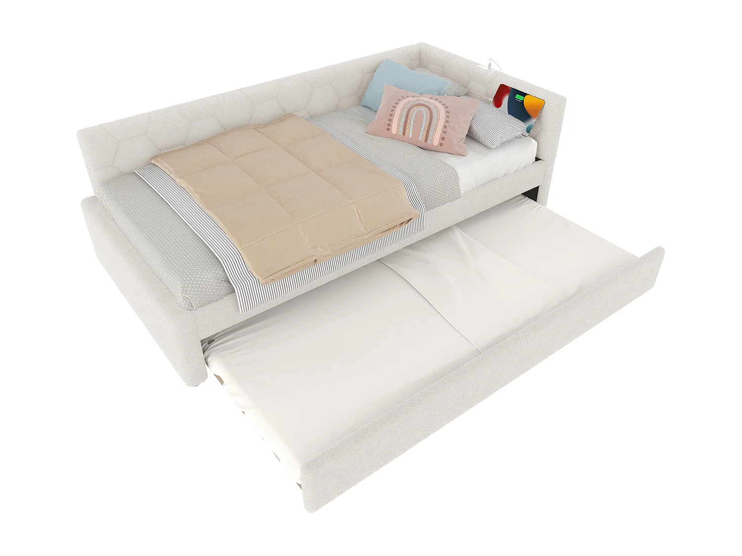 Uitschuifbed 90x200 - Kinderbed met USB-oplader en bedlampje - wit fluweel - zonder matras