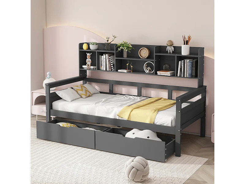 Cama infantil 90x200 cm - Estructura de cama con cajones y estantes - madera gris - sin colchón