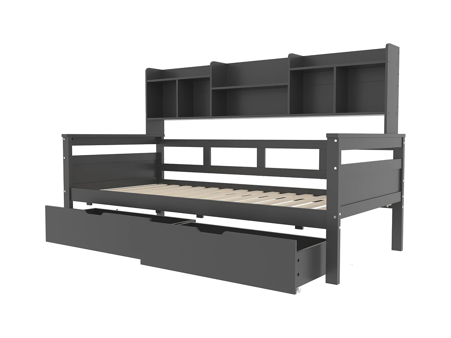 Łóżko dziecięce 90 x 200 cm – łóżko pojedyncze z szufladami i półkami – szare drewno – bez materaca