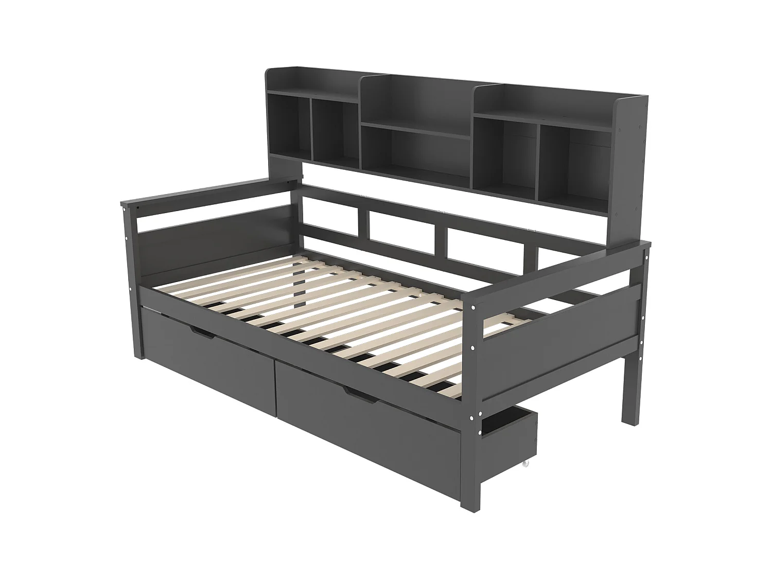 Łóżko dziecięce 90 x 200 cm – łóżko pojedyncze z szufladami i półkami – szare drewno – bez materaca
