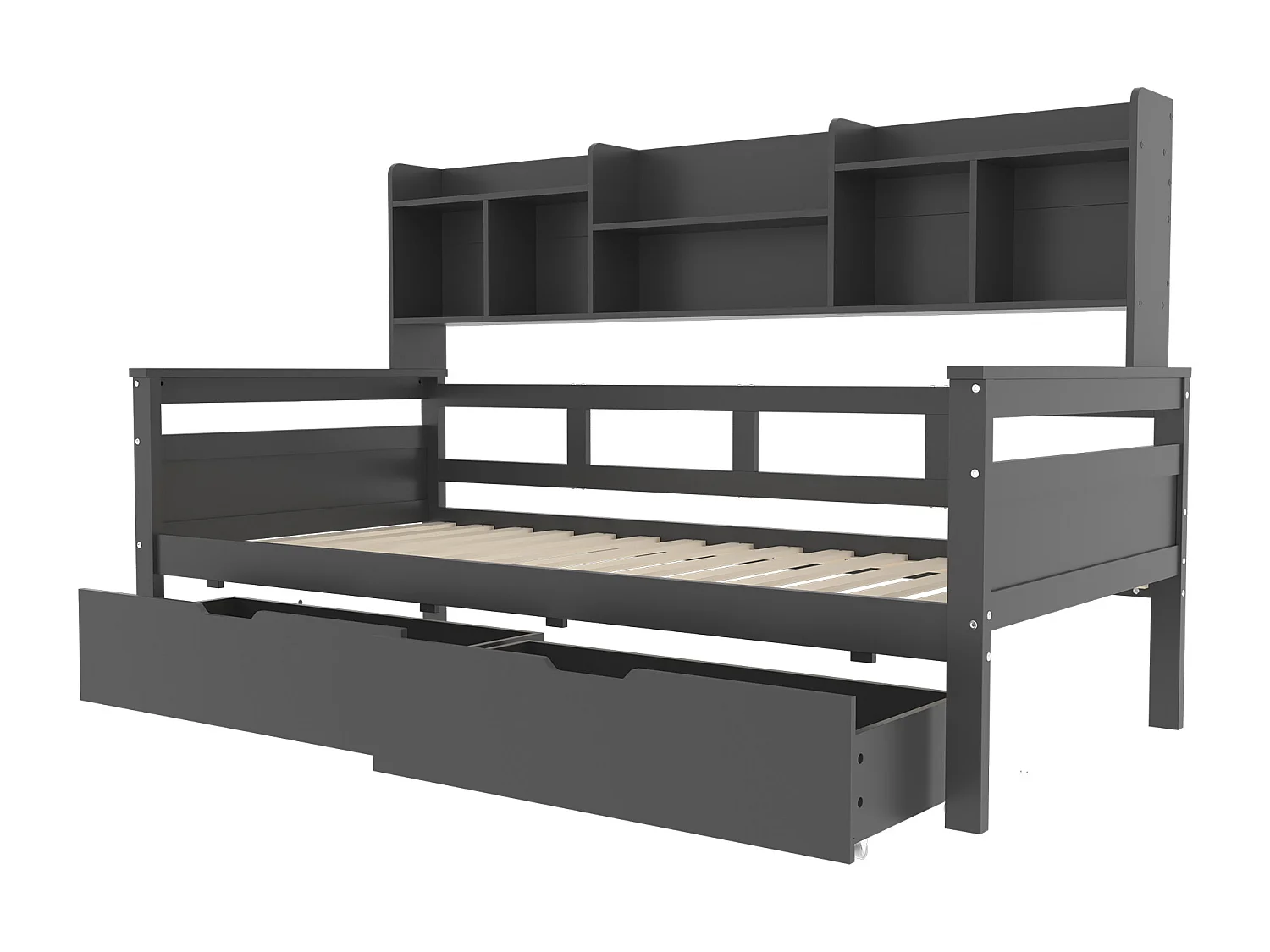 Kinderbett 90x200 cm - Bettgestell mit Schubladen und Regalen - graues holz - ohne matratze