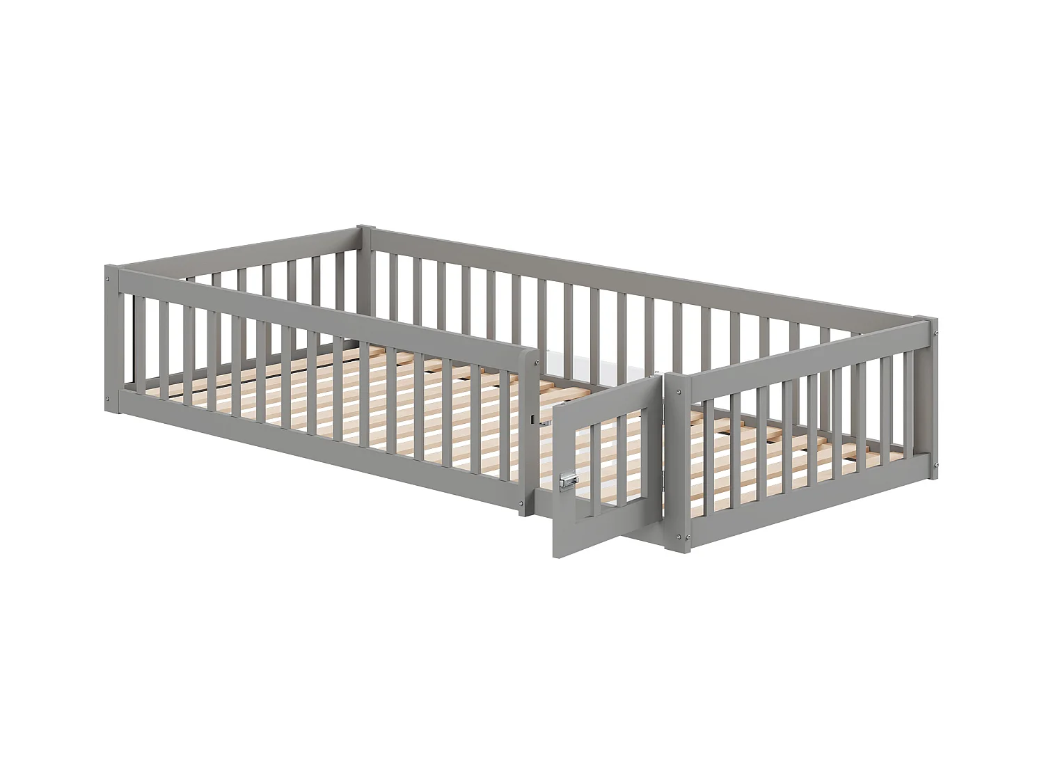Lit enfant 90 x 200 cm - Cadre de lit avec rangement et porte de sécurité - bois gris - sans matelas