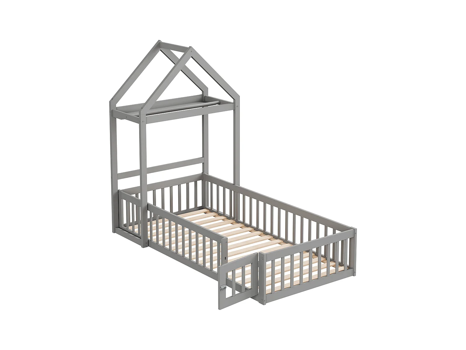 Lit enfant 90 x 200 cm - Cadre de lit avec rangement et porte de sécurité - bois gris - sans matelas