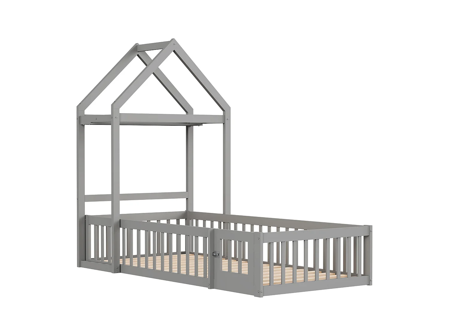 Lit enfant 90 x 200 cm - Cadre de lit avec rangement et porte de sécurité - bois gris - sans matelas