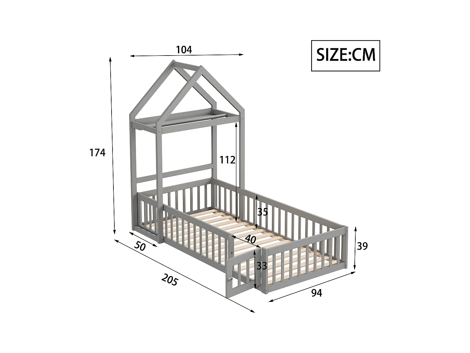 Łóżko dziecięce 90 x 200 cm – łóżko pojedyncze ze schowkiem i drzwiami bezpieczeństwa - szare drewno - bez materaca