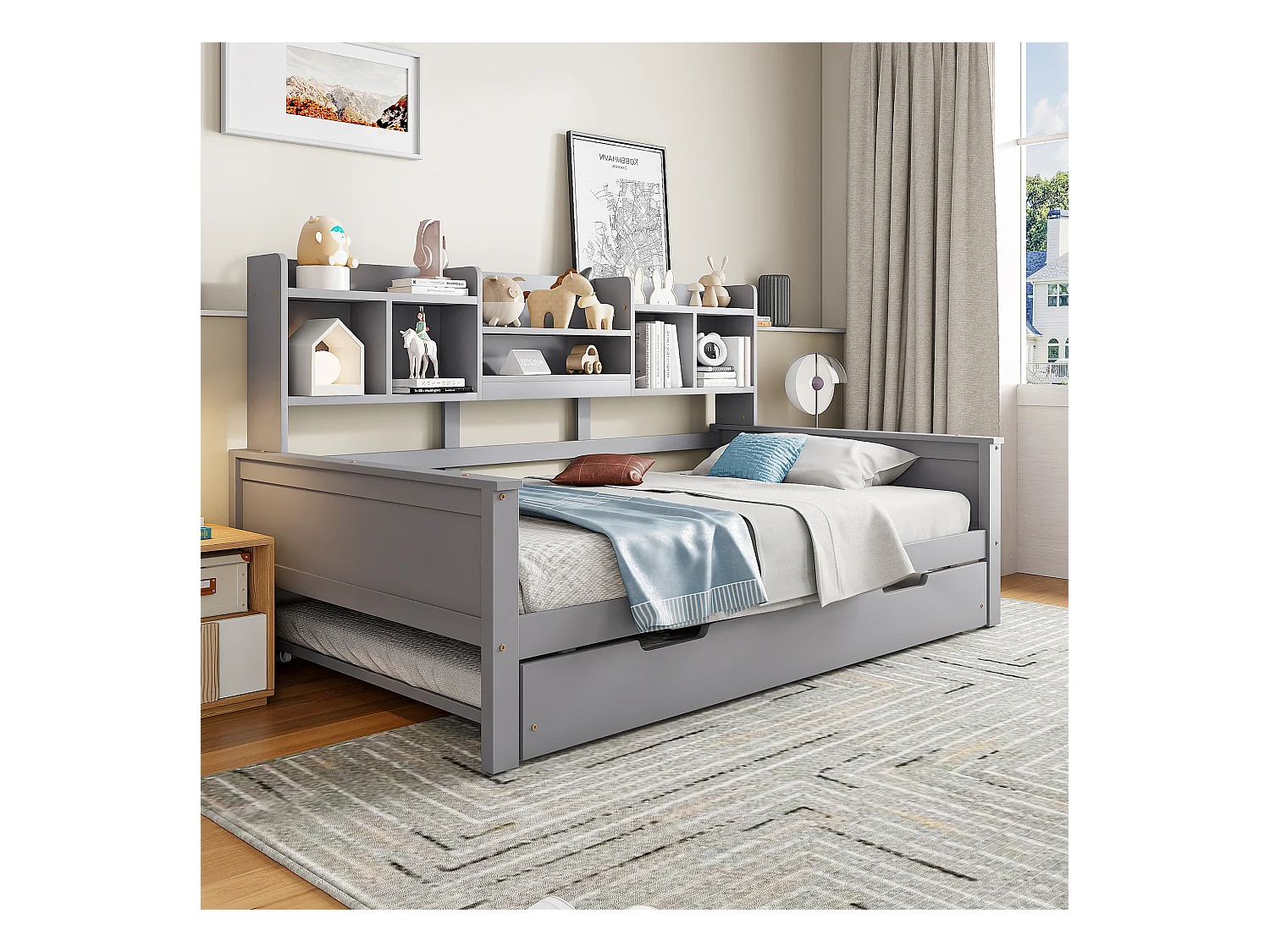 Ausziehbett 90x200 cm - Kinderbett mit Staufach Lattenrost - holz grau - ohne matratze