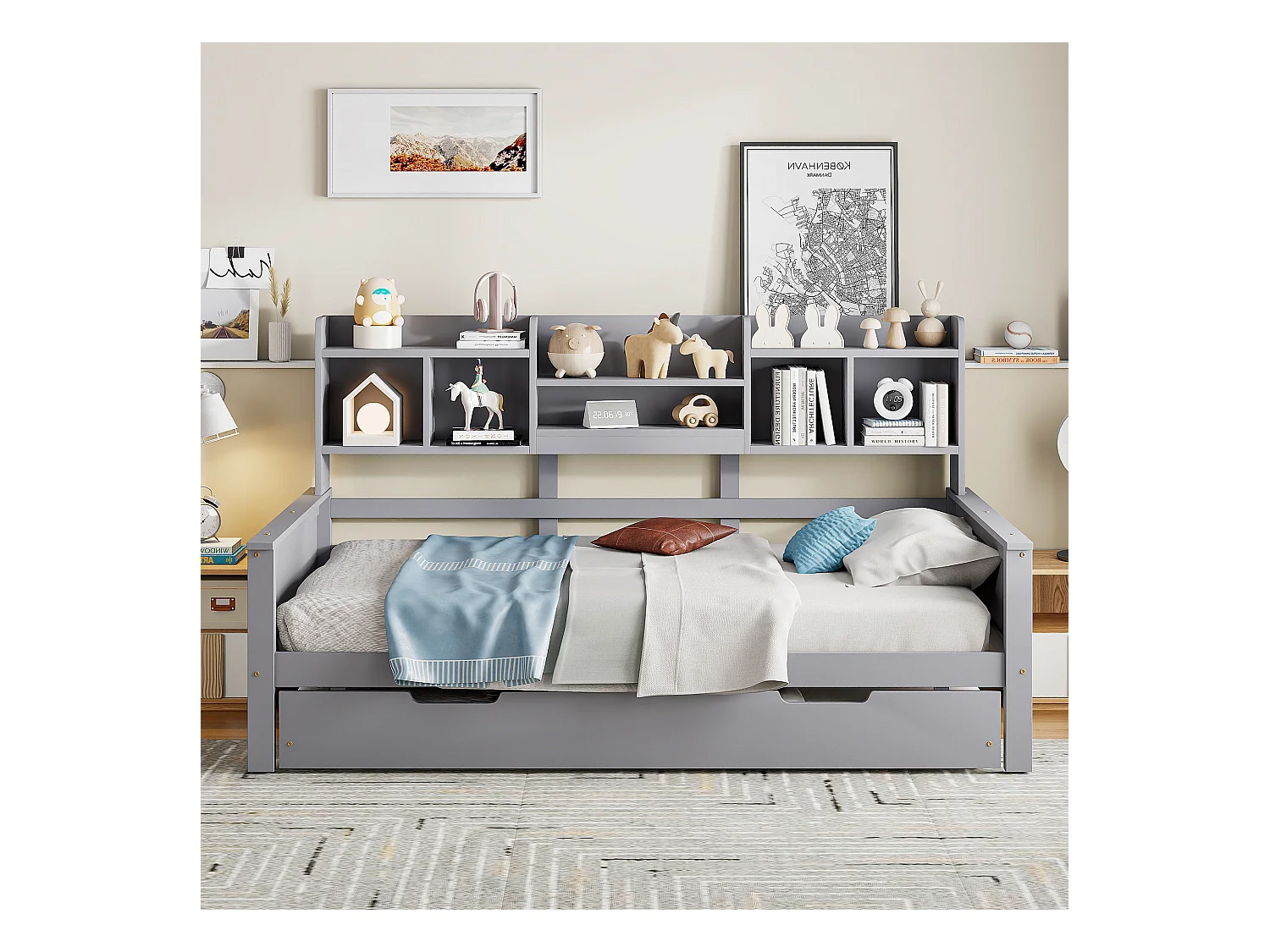 Ausziehbett 90x200 cm - Kinderbett mit Staufach Lattenrost - holz grau - ohne matratze