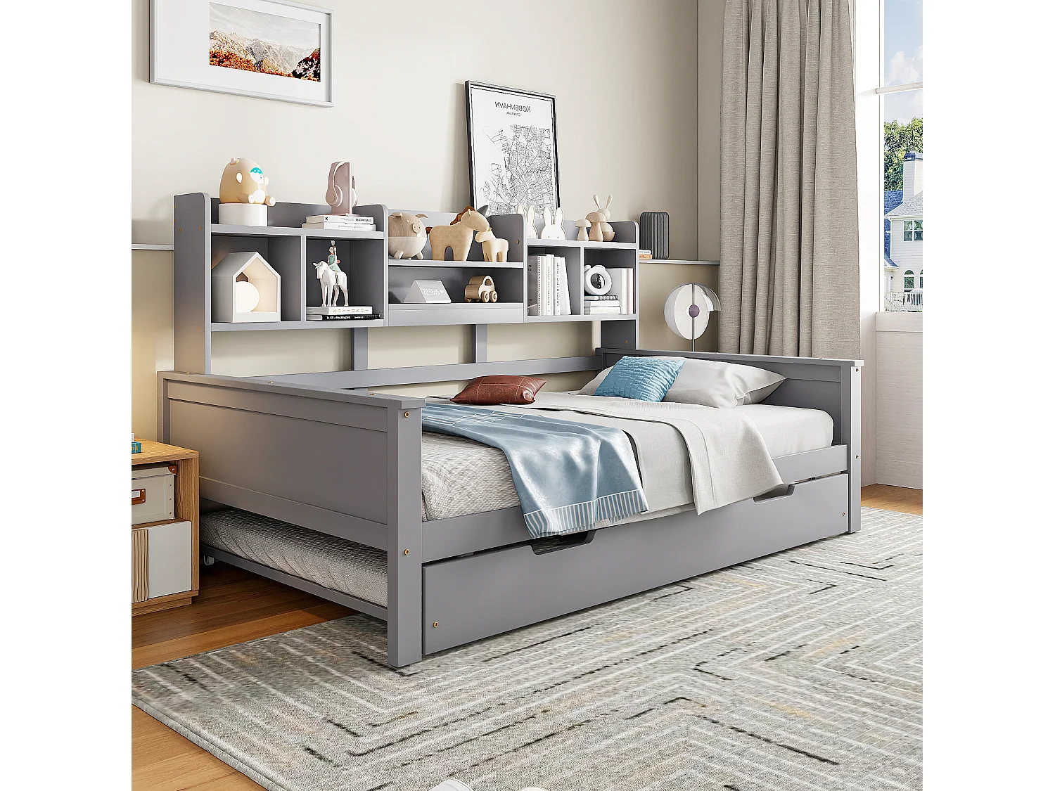 Ausziehbett 90x200 cm - Kinderbett mit Staufach Lattenrost - holz grau - ohne matratze