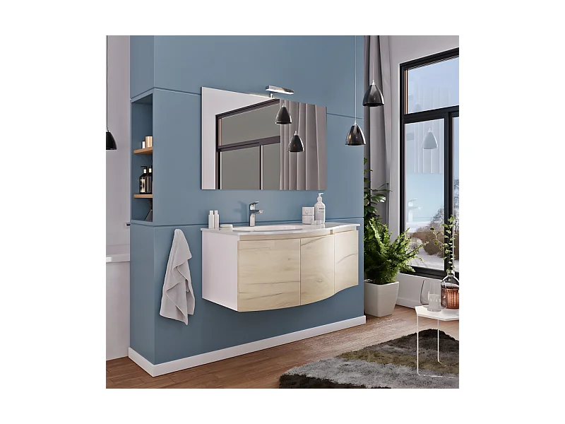 Meuble de salle de bain suspendu 3 portes "Malani" en chêne fumé avec miroir LED et lavabo intégré cm 105x50 55h