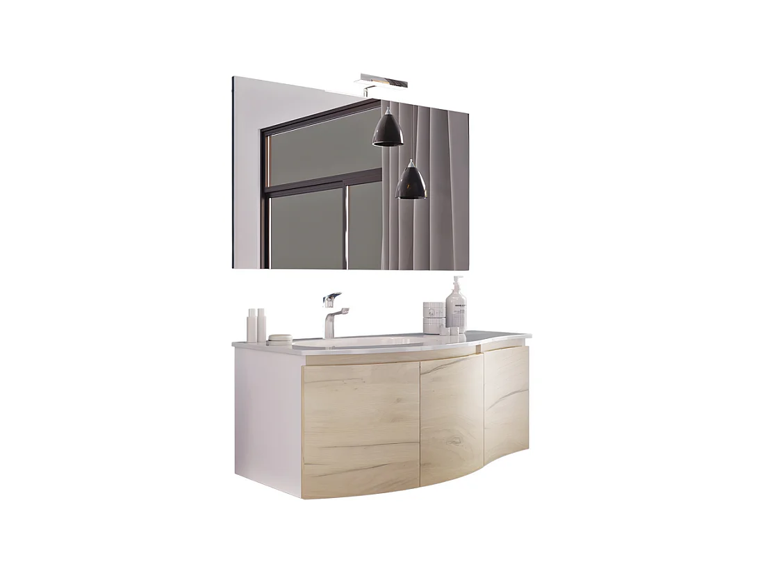 Meuble de salle de bain suspendu 3 portes "Malani" en chêne fumé avec miroir LED et lavabo intégré cm 105x50 55h