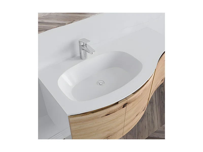 Meuble de salle de bain suspendu 3 portes "Malani" en chêne fumé avec miroir LED et lavabo intégré cm 105x50 55h