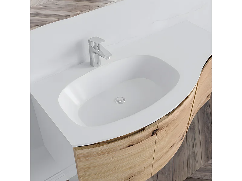 Mobile da bagno sospeso rovere fumo "Malani" 3 ante con specchio LED e lavabo integrato cm 105x50 55h