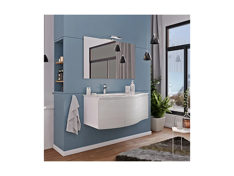 Mueble de baño suspendido "Malani" de roble gris, 3 puertas, con espejo LED y lavabo integrado, 105x50 cm, 55 h.