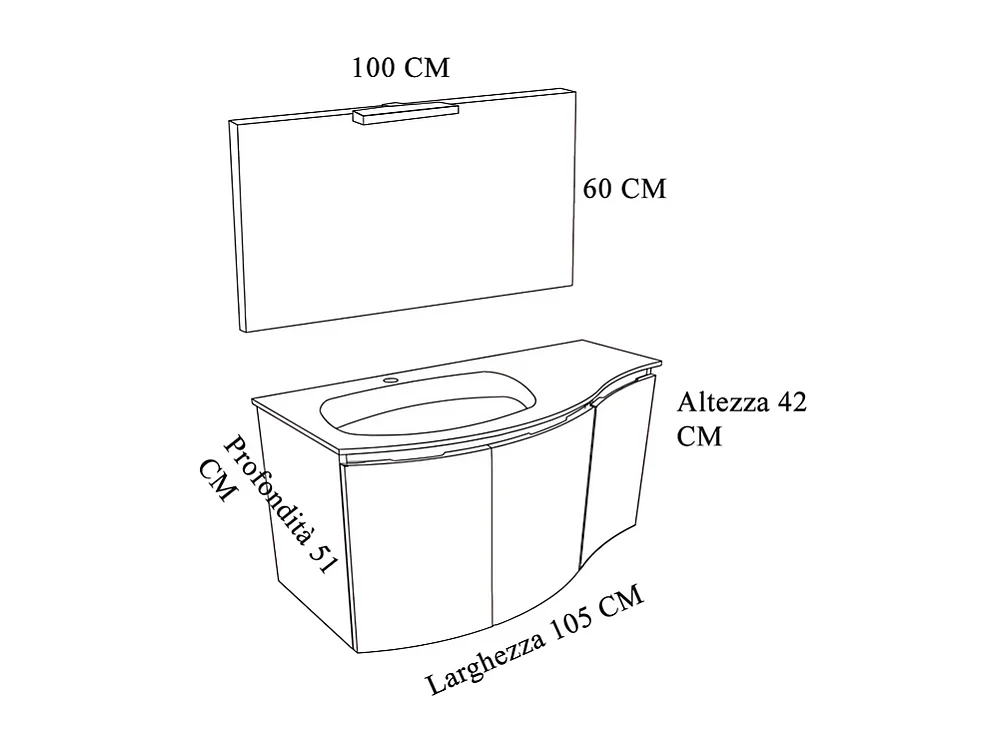 Mobile da bagno sospeso rovere grigio "Malani" 3 ante con specchio LED e lavabo integrato cm 105x50 55h