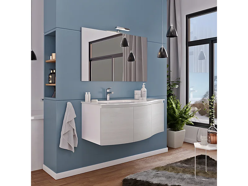 Mobile da bagno sospeso rovere grigio "Malani" 3 ante con specchio LED e lavabo integrato cm 105x50 55h