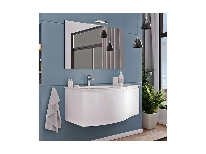 Mobile da bagno sopeso bianco lucido "Malani" 3 ante con specchio LED et lavabo intégré cm 105x50 55h