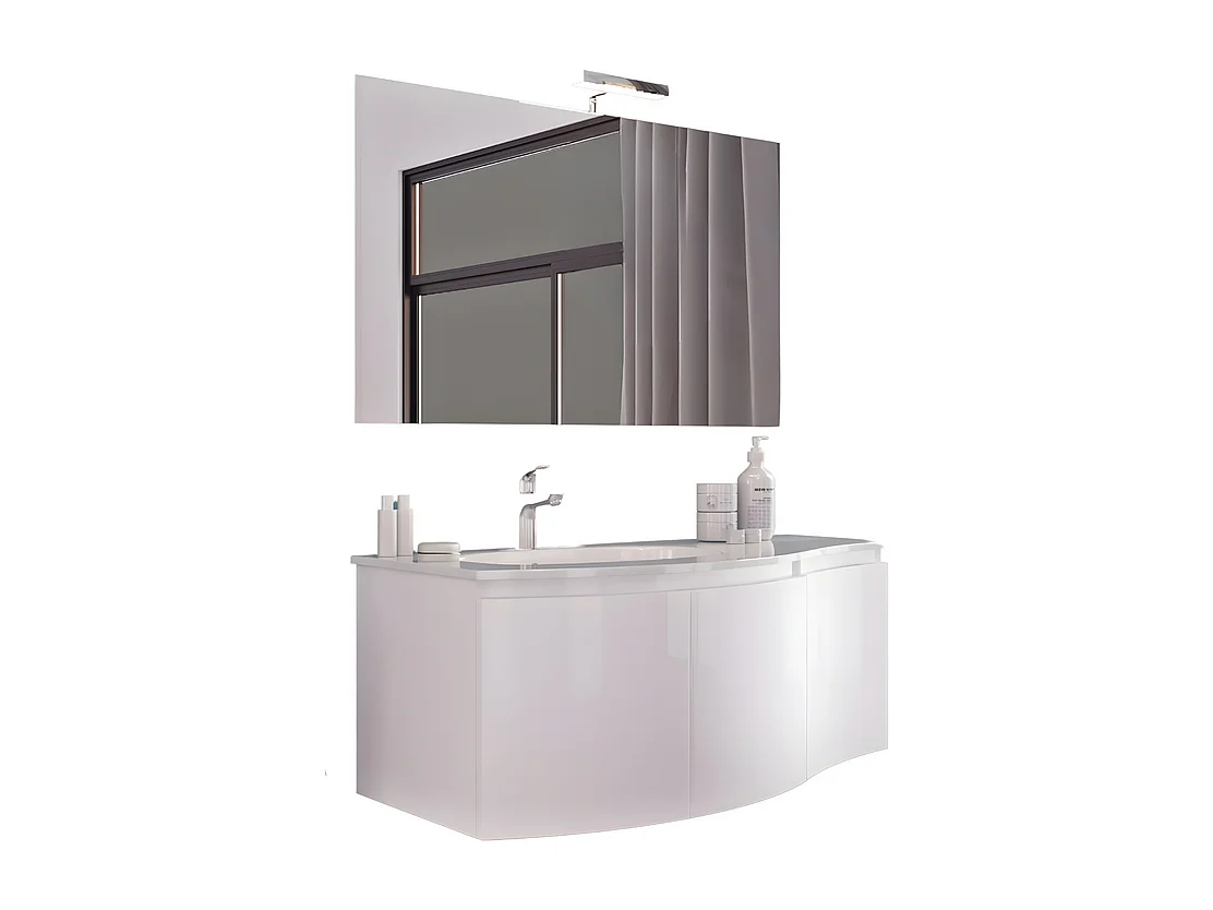 Mobile da bagno sospeso bianco lucido "Malani" 3 ante con specchio LED e lavabo integrato cm 105x50 55h