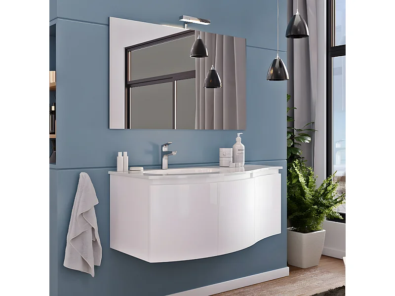 Móvil da bagno sospeso bianco lucido "Malani" 3 ante con specchio LED e lavabo integrado cm 105x50 55h